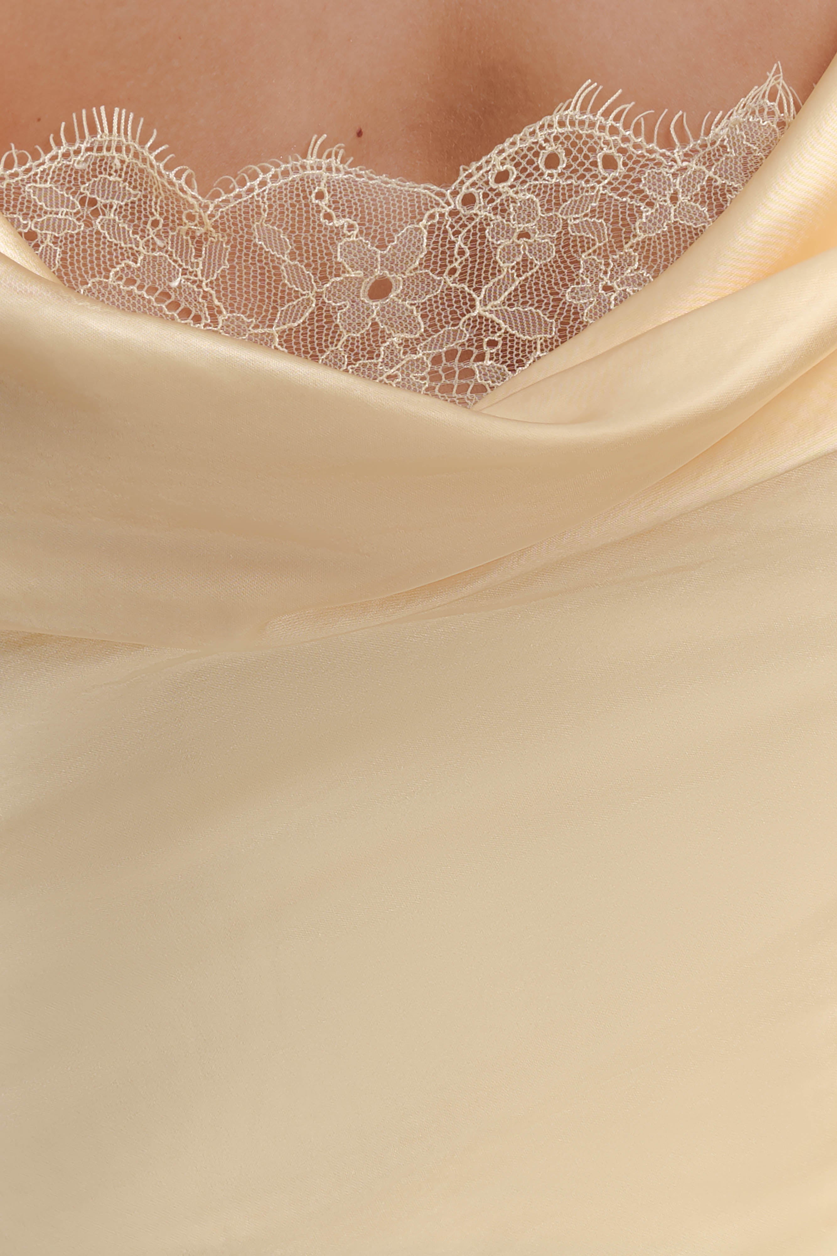 Eliza Long Sleeve Cowl Lace And Satin Maxi Dress - Lemon